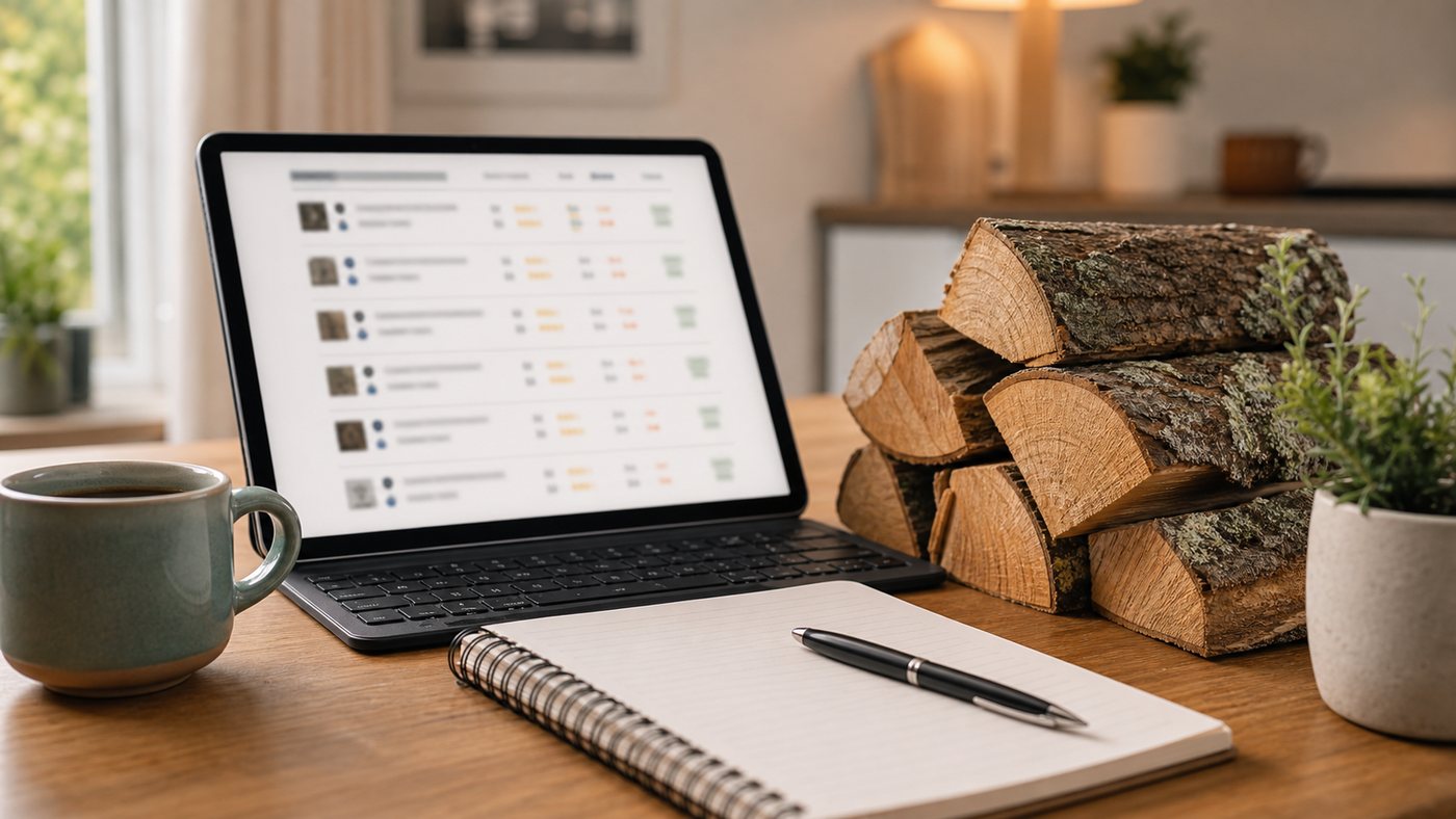 Tablet comparison page beside notebook and firewood logs