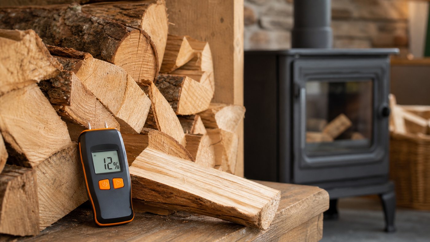Moisture meter beside dry split logs and a wood stove
